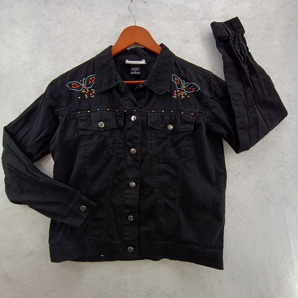 Assetts Vintage Y2K Black Denim Jacket Womens S Butterfly Beaded Rhinestone Jean